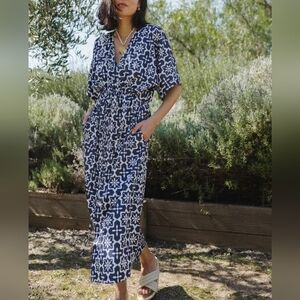 Baiia Blue Riad Cecile Kaftan Dress Plus Size XXL Silky Resort Wear Vacation